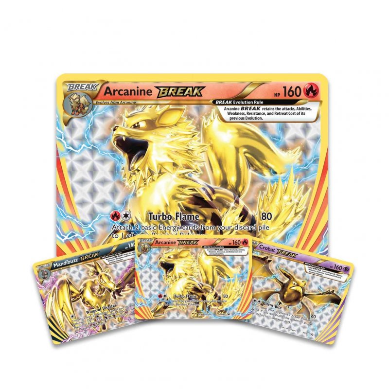 Pokemon Break Evolution Box - Arcanine Base stats, abilities, qr code, pokedex information, evolution chart, type strengths/weaknesses, how to get, and moves.
